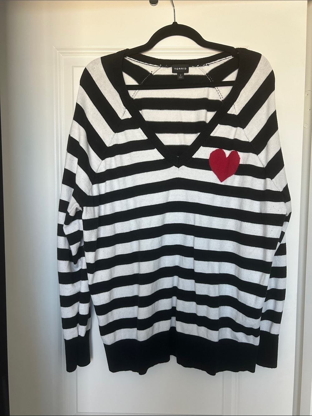 torrid Black & White Striped V-Neck Sweater with Red Heart Patch